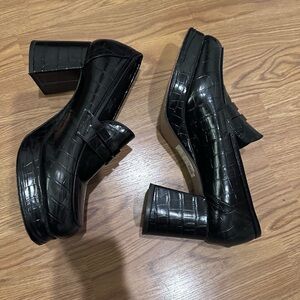 ASOS DESIGN Portland platform loafers in black patent croc (vegan), Sz 9